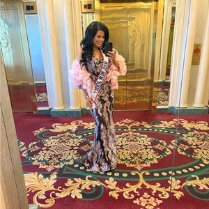 Custom Diane & Company Pink and Black Floral gown with pink puffy shawl